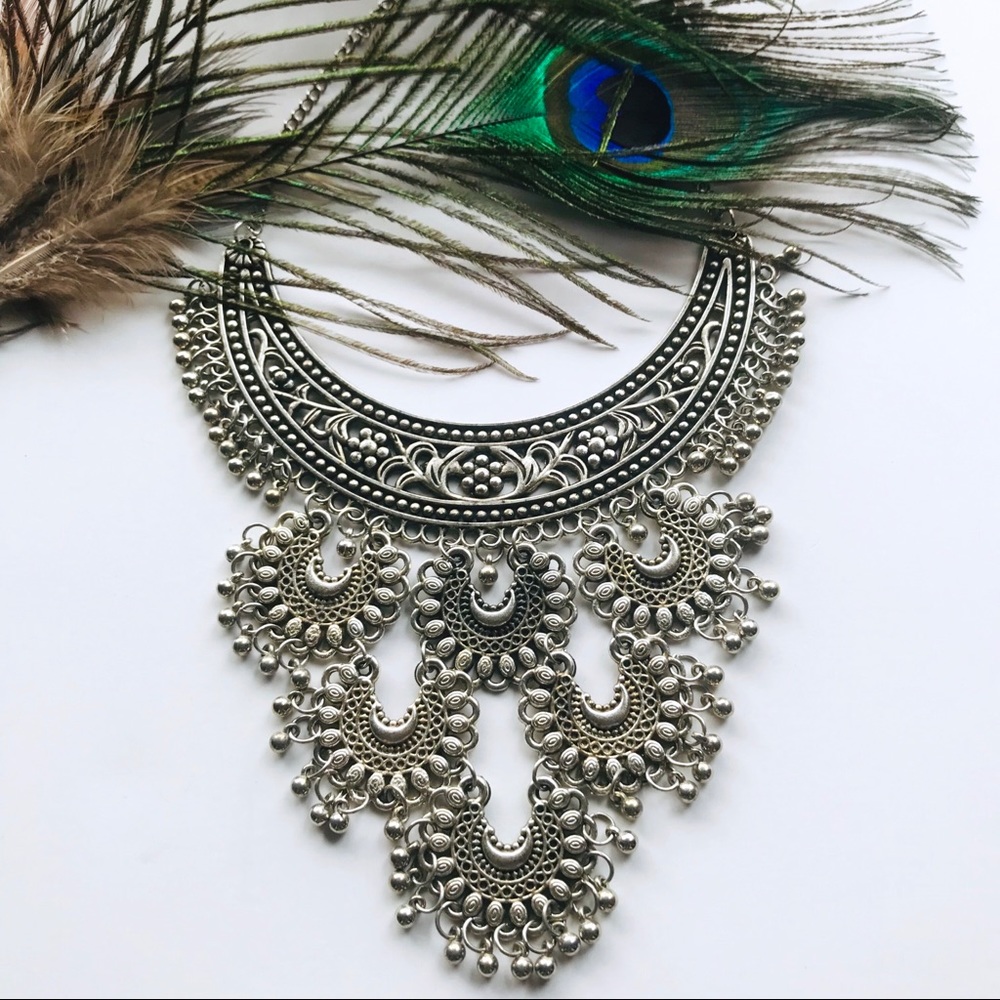 Bohemian Silver Choker Bib Statement Necklace